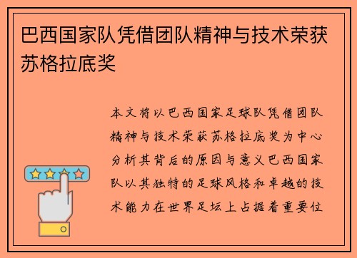 巴西国家队凭借团队精神与技术荣获苏格拉底奖